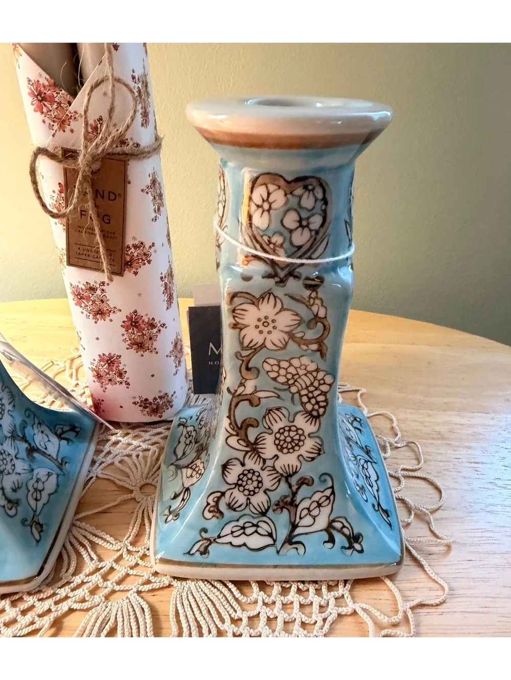 Mikasa Home Accents Blue Floral Ceramic Candle Holders with Tapered Candles